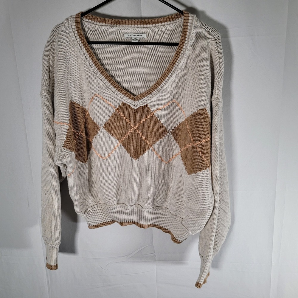 American Eagle Argyle Knit Sweater V-Neck Tan Brown Preppy Acadamia Comfy Large